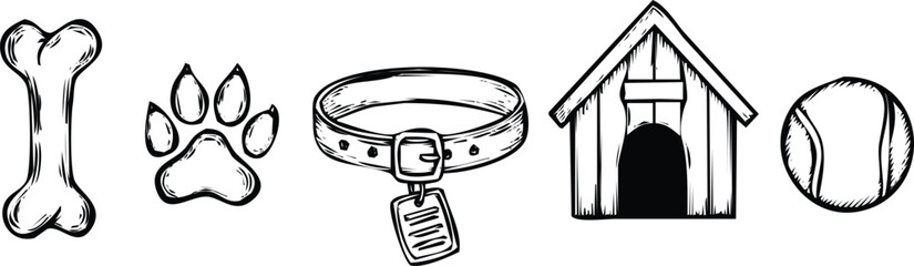 Dog Essentials Collection: Bone Paw Print Collar Kennel BallVector Illustration