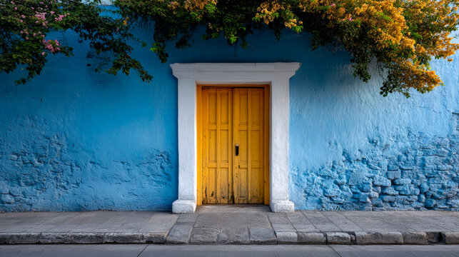 Bright yellow door on blue wall in city. A yellow door stands against a blue wall in a city. Flowers grow above the door and a stone path leads to it.