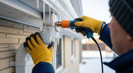 Professional worker applying foam insulation to brick wall with protective gloves and gear