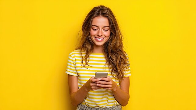 Portrait of a young smiling girl typing a message on a mobile phone on a yellow studio background.