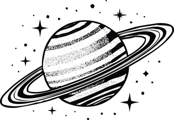 Striped Planet with Rings and Stars Outer Space Illustration