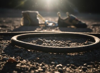 Outdoor Adventure Gear Including Climbing Shoes Chalk Bag And Rope Laid On Rocky Ground With Golden Sunlight And Lens Flare Creating A Warm Atmosphere