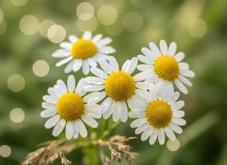 Close up macro shot of delicate white chamomile flowers with yellow centers glistening with morning dew droplets against a soft green bokeh background