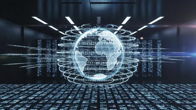 Digital globe with binary code floating in a modern data center environment.