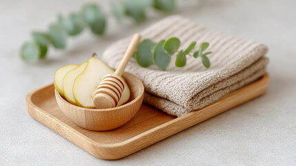 Minimal composition with wooden tray, pear, honey, eucalyptus, and linen for slow evenings