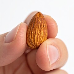 Close Up Of Human Fingers Holding A Single Almond Nut With A Textured Brown Skin Against A White Background