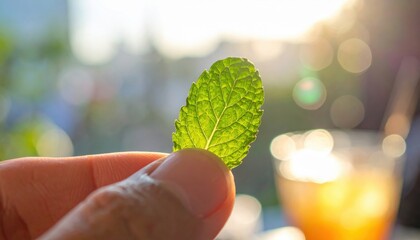 Close up of a textured green mint leaf held delicately between fingers with warm golden hour sunlight and a blurred beverage glass in the background