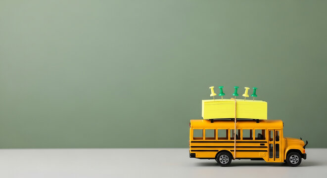 おもちゃのスクールバスの上のメモ帳と明るいピンが並ぶ