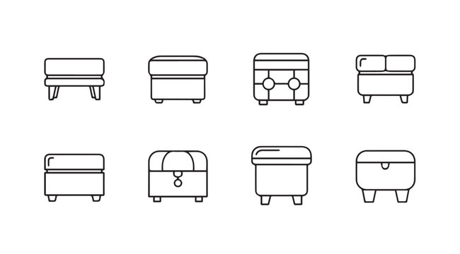 Collection of minimal line art ottoman and footstool icons, various styles