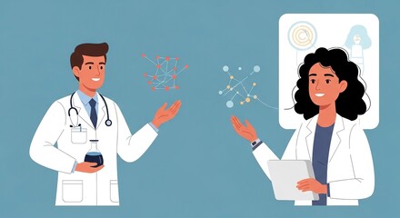 Male and female doctors discussing virus research in modern lab with molecular model and digital screen	