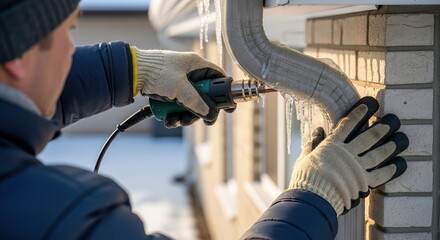Technician drilling brick wall with power tool for home renovation and construction work