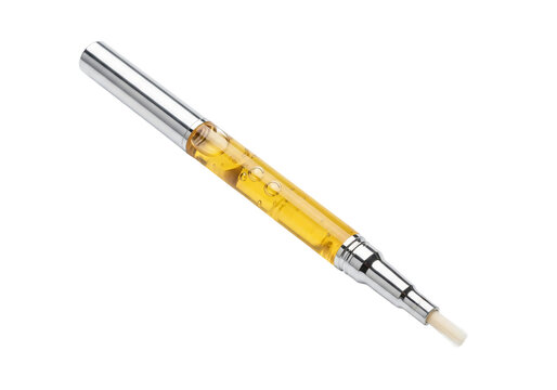 A yellow and silver vape cartridge on a white background isolated on transparent background