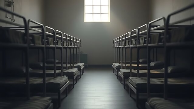 Military barracks with rows of empty beds in soft morning light. real-estate listings, architecture portfolios, designed for architectural facade and classical detail presentations.