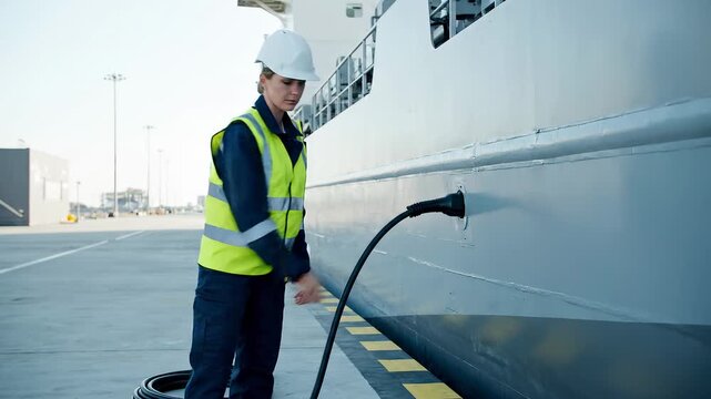 Female dock worker in safety gear walks alongside a ship, connecting a power cable to the vessel while ensuring proper safety protocols at the port