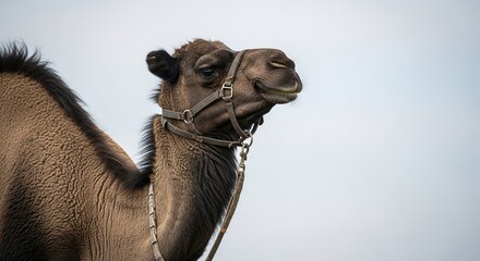 Brown camel portrait close-up with harness in desert under clear blue sky wildlife animal	