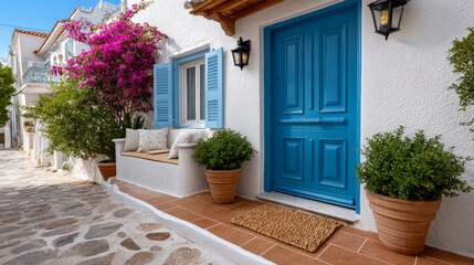 Bright blue door with plants and flowers. A blue door is set against a white wall with plants and flowers lining a stone path on a sunny day.