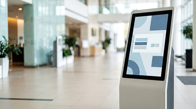 Digital Information Kiosk in Modern Office Lobby with Copy Space