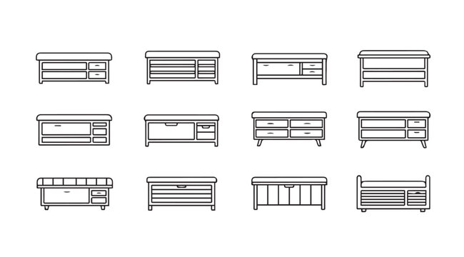 Collection of TV Stand and Bench Line Drawings Icons for Furniture Design