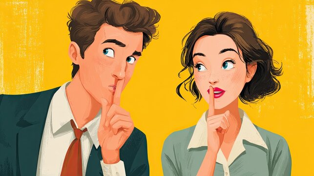 Talkative sweet colleague, gossip at work, pressing index finger to lips
