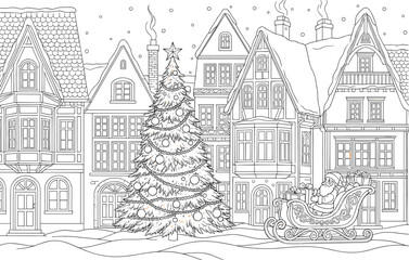 Obraz premium Christmas Village Coloring Page Vector with Decorated Tree, Santa Sleigh, and Snowy Houses in Detailed Line Art for Holiday Printable Activity