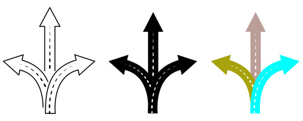 Three way road arrow icons set showing upward, left, and right paths, crossroads choice and navigation decision concept, simple direction pointer vector symbols isolated on transparent background