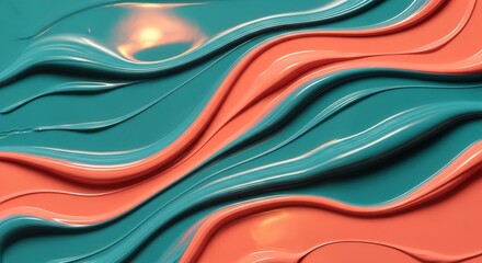 Obraz premium Abstract waves of thick turquoise and peach paint create a flowing three dimensional backdrop