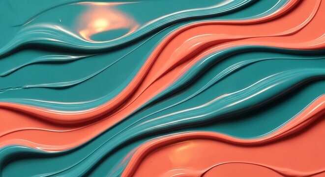 Abstract waves of thick turquoise and peach paint create a flowing three dimensional backdrop