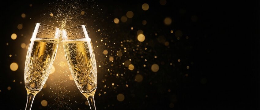Celebratory toast with sparkling wine glasses elegant setting high-quality image dramatic dark background close-up view joyous moment for special occasions