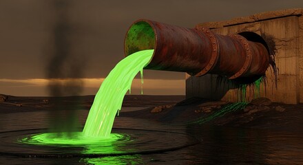 Green glowing toxic chemical liquid pouring from rusty metal pipe into polluted water industrial pollution concept	