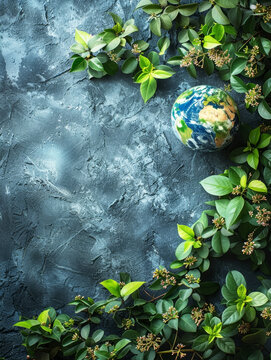 The globe of Earth is cradled amidst a variety of green leaves with small blooming flowers on a textured slate background.