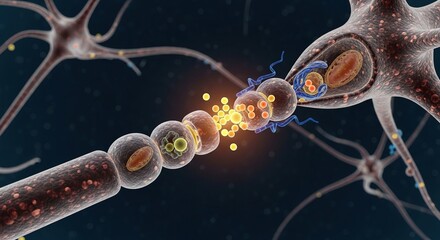 3D medical illustration of glowing neuron synapse transmission in dark blue background for neuroscience research	