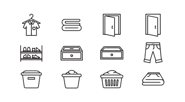 Home Organization Icons: Laundry, Storage, and Clothing Management Line Art
