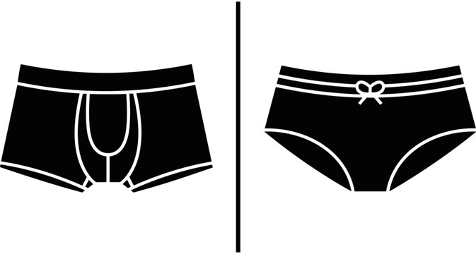 Men and women underwear icons set, male boxer briefs and female panties silhouettes, black fashion lingerie vector illustration on white background,