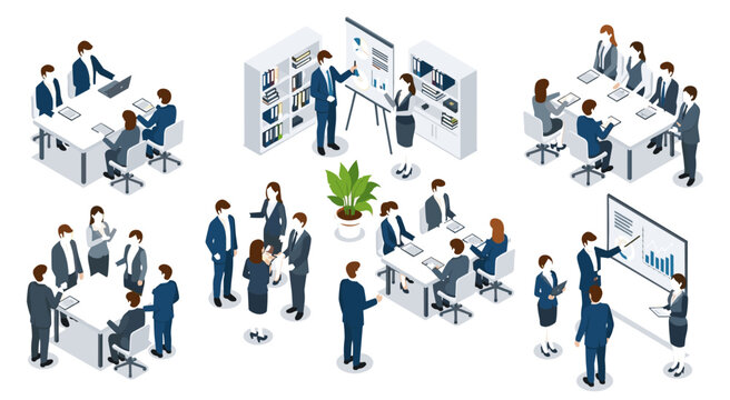 Isometric business office scenes set, corporate people working together, team meeting, presentation with whiteboard, office furniture, coworking space, collaborative environment,