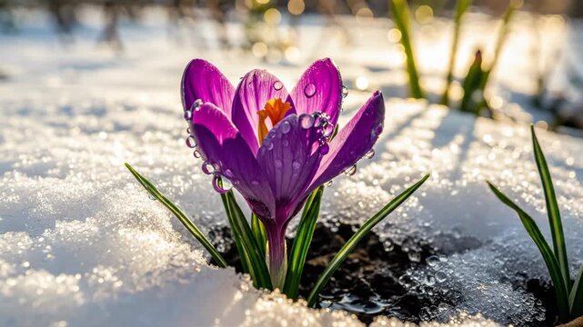 Spring crocus blooming in snow with morning sun and dew