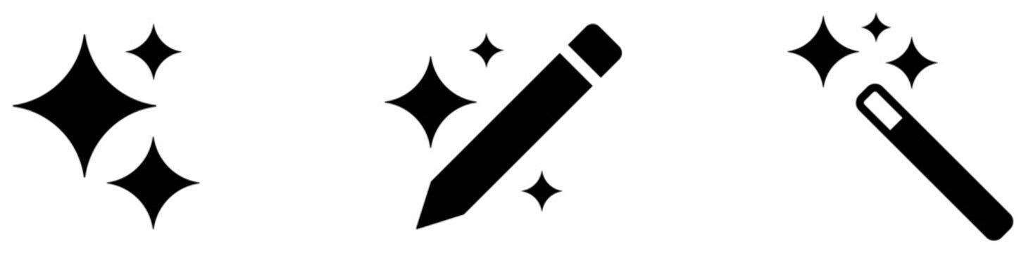 Set of three creative Generative Ai Icons, Content generation Ai icon, magic Ai icon, Pencil, Magic stick, Star, Ai star icon - eps.003