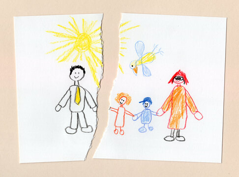 Torn children?s drawing of family illustrating divorce and separation