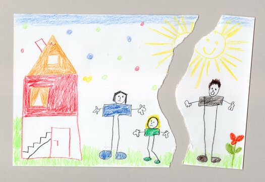 Children's drawing of a family separated by a crack symbolizing divorce