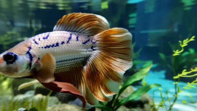 Betta fish swimming gracefully in aquarium with plants and coral colorful tropical fish exotic pet underwater world calm nature