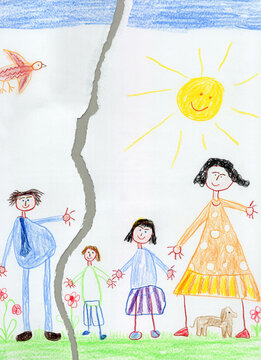 Children's drawing of family separation and divorce concept