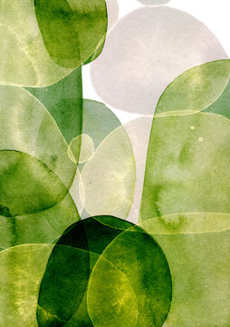 Abstract green watercolor painting with organic shapes and copy space