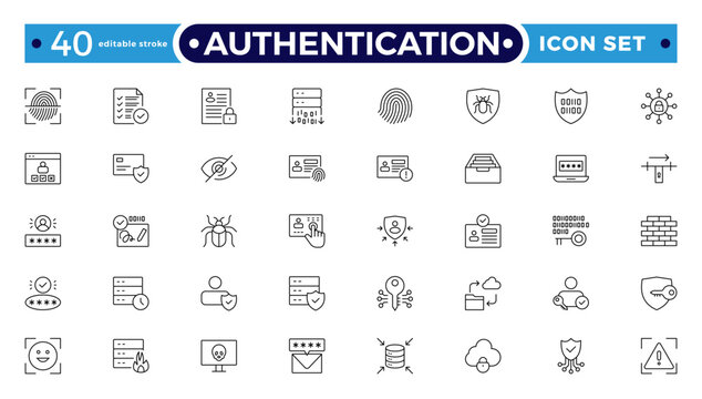 Authentication outline icon set. Identity icon set. Containing ID card, biometric, fingerprint, identification, passport, DNA, and authentication icons. Editable stroke outline icon.
