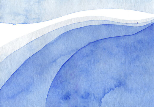Abstract blue watercolor waves painting with copy space