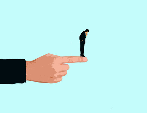 Businessman standing on pointing finger illustrating doubt and risk