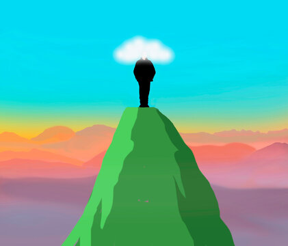 Surreal daydreaming figure with cloud head standing on mountain peak