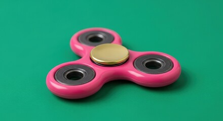 Pink fidget spinner with gold center on bright green background, flat lay minimalist toy concept