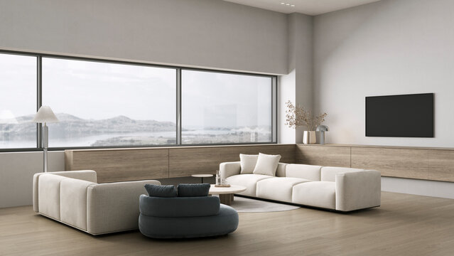 Modern white sofa in minimalist living room with panoramic window