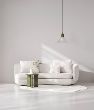 Modern white living room with sofa and minimal decor