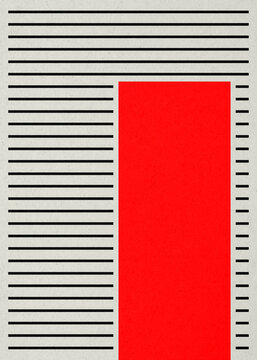 Abstract geometric design with red rectangle and black lines on textured background