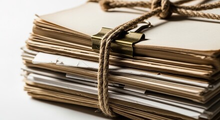 Stack of old newspapers tied with rope isolated on white background vintage archive concept